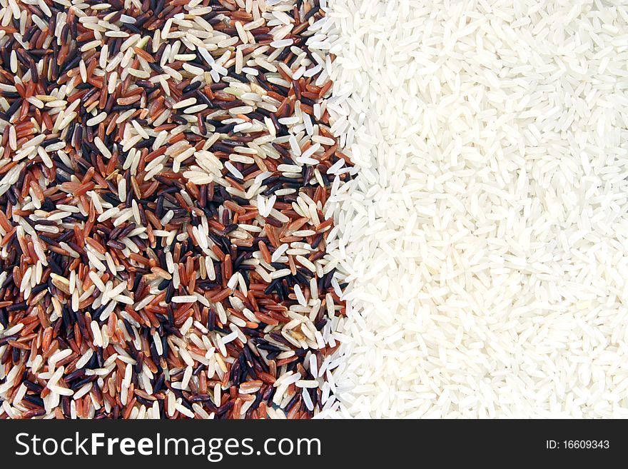 Thai Red Jasmine and Fragment magenta Organic rice half with White Jasmine rice, Background texture surface pattern. Thai Red Jasmine and Fragment magenta Organic rice half with White Jasmine rice, Background texture surface pattern