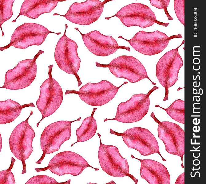 Seamless pattern with hand drawn watercolor woman`s red lips. Scarlet lipstick. St Valentine`s Day. Love, passion and Romance. For cometics commercial design, wallpaper, wrapping paper, greeting card