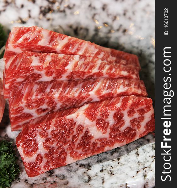 Detail raw beef meat sashim. Detail raw beef meat sashim