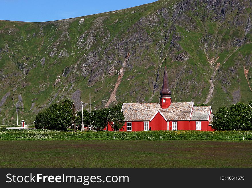 Red wooden church in Norway