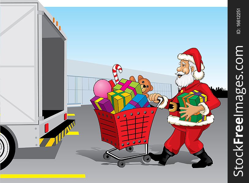 Cartoon of Santa Claus out of the super market with a shopping cart full of christmas presents. Cartoon of Santa Claus out of the super market with a shopping cart full of christmas presents.