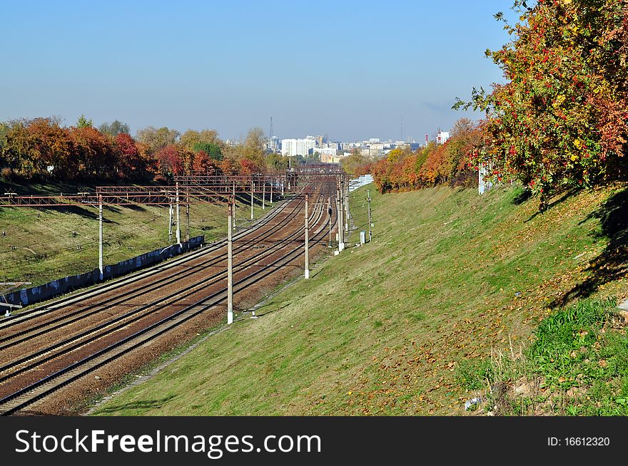 ,railway sunny autumn day yellow foliage. ,railway sunny autumn day yellow foliage