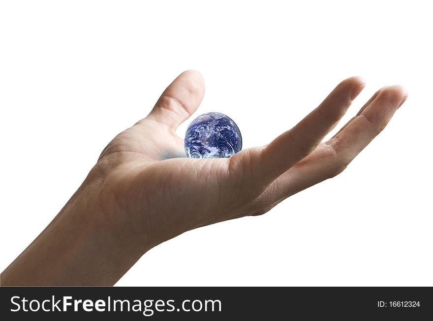 Young male hand palm up on white background with a small fragile planet. Globe image courtesy of NASA: . Young male hand palm up on white background with a small fragile planet. Globe image courtesy of NASA: