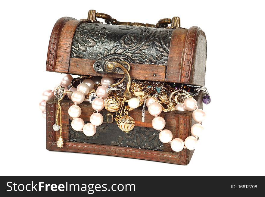 Wooden chest with pearls and gold , isolated on white. Wooden chest with pearls and gold , isolated on white