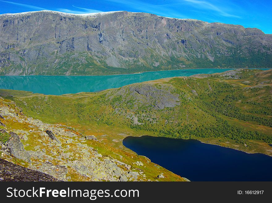 On the photo: Picturesque Norway mountain landscape.