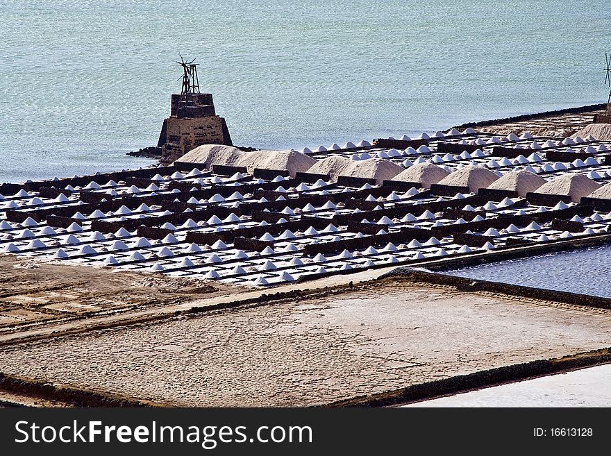 Salt piles on a saline exploration in Janubio, Lanzarote