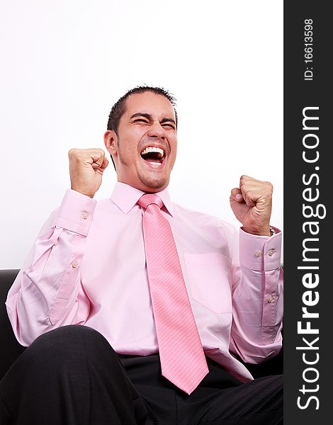 Young businessman with tie celebrating, isolated on white background. Young businessman with tie celebrating, isolated on white background