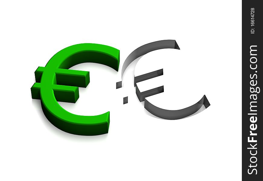 Green Euro showing deep recession on white background.