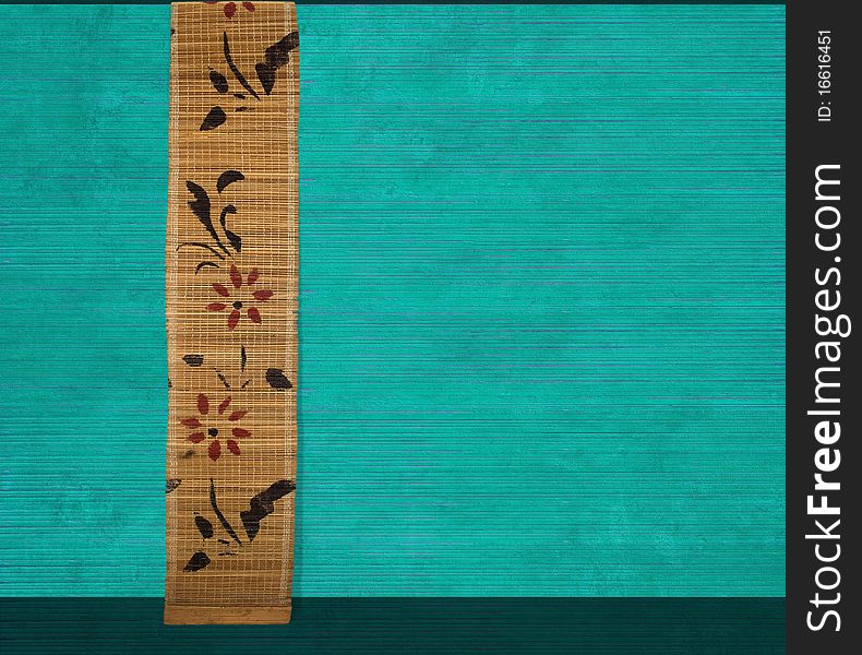Flower bamboo banner on aquamarine ribbed wood background. Flower bamboo banner on aquamarine ribbed wood background