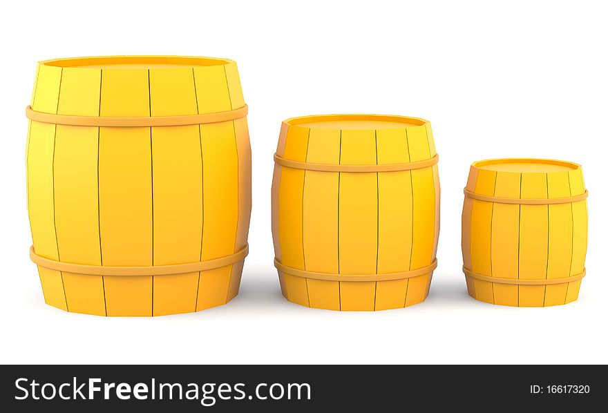 Three yellow barrels isolated on white background