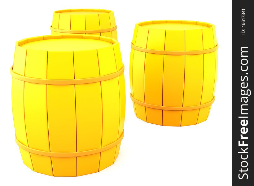 Three yellow barrels isolated on white background