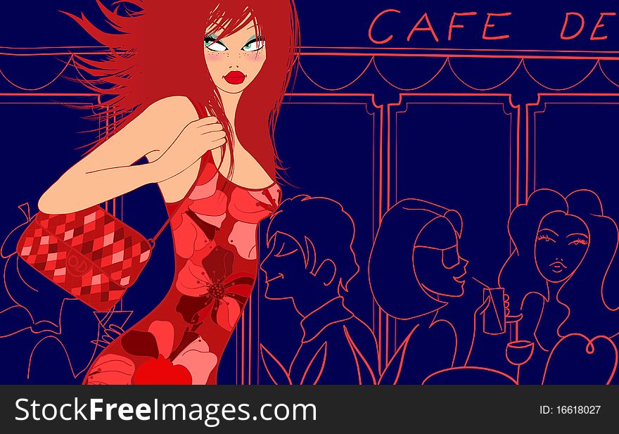 Vector representation of one woman walking along a cafe terrace in Paris. Vector representation of one woman walking along a cafe terrace in Paris