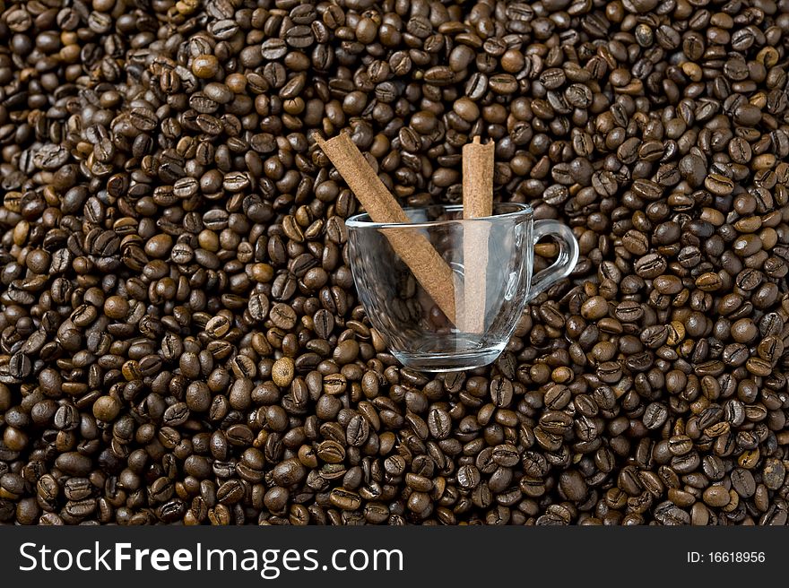 Empty coffee cup with cinnamon on coffee beans bed. Empty coffee cup with cinnamon on coffee beans bed