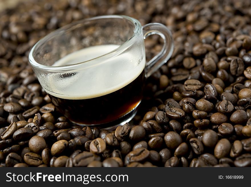 Cup of coffee on coffee beans
