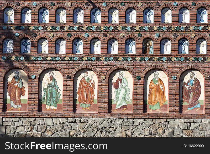 Detail of a romanian orthodox church with saints painted on the wall. Detail of a romanian orthodox church with saints painted on the wall