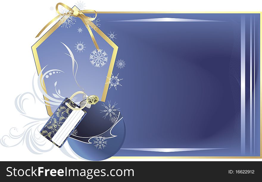 Christmas blue ball with holiday card on the decorative background. Illustration