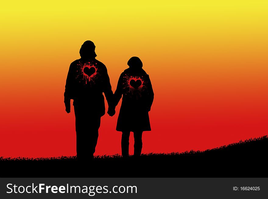 A silhouette of two lovers. A silhouette of two lovers