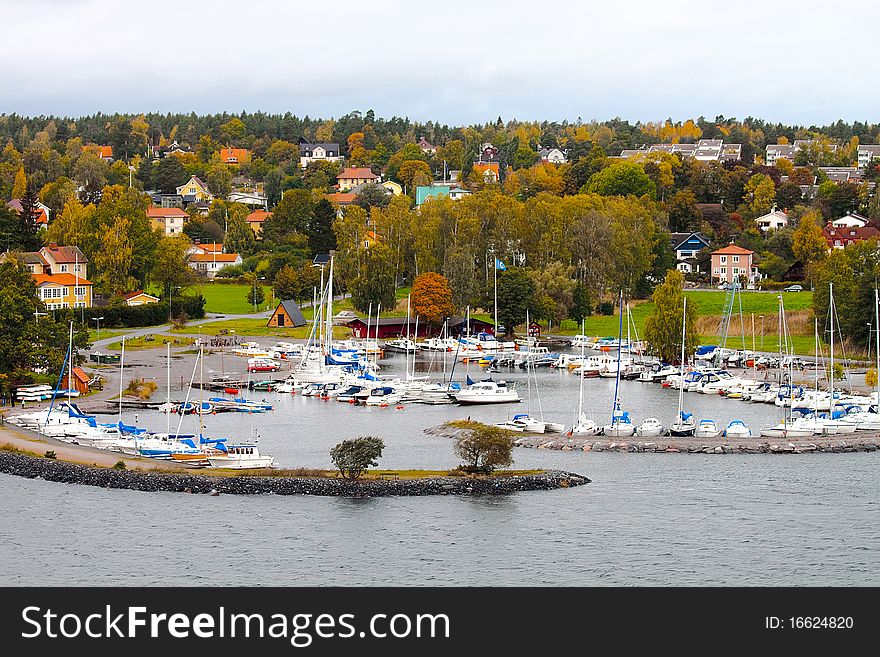 Autumn boats staing in gulf, Sweden