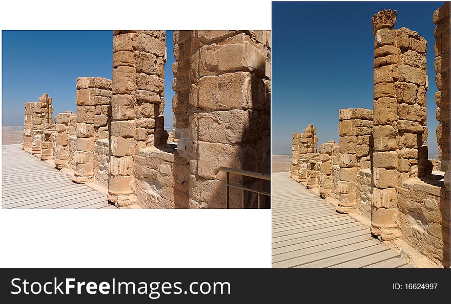 Ruins of ancient colonnade in Masada palace of King Herod in Israel