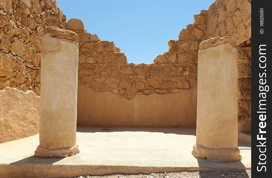 Ruins of ancient colonnade in Masada fortress