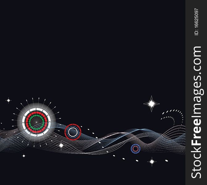 Waves,colored circles on a black background. Waves,colored circles on a black background
