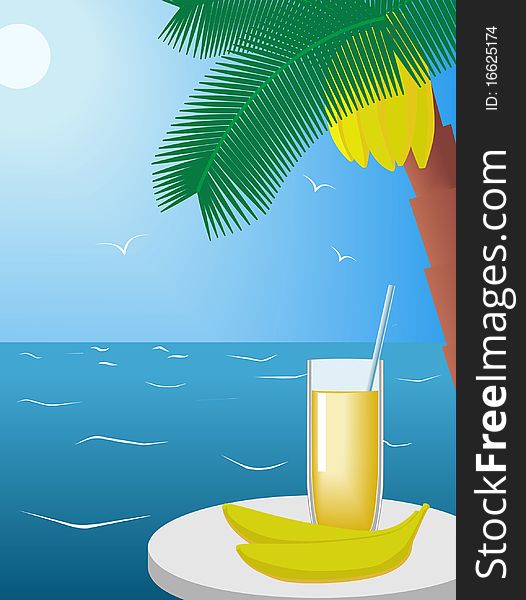Banana and a glass of juice under a palm tree are shown on the image. Banana and a glass of juice under a palm tree are shown on the image