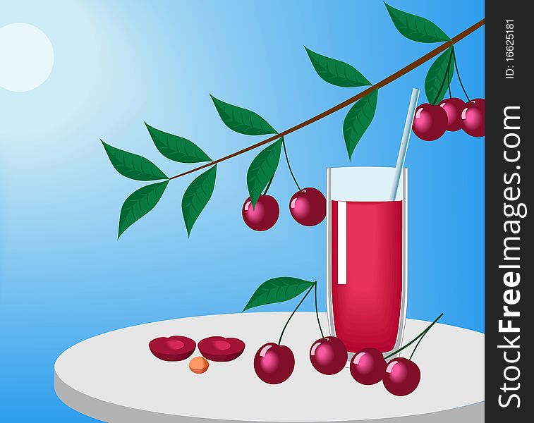 Cherries and juice in a glass are shown in the image. Cherries and juice in a glass are shown in the image