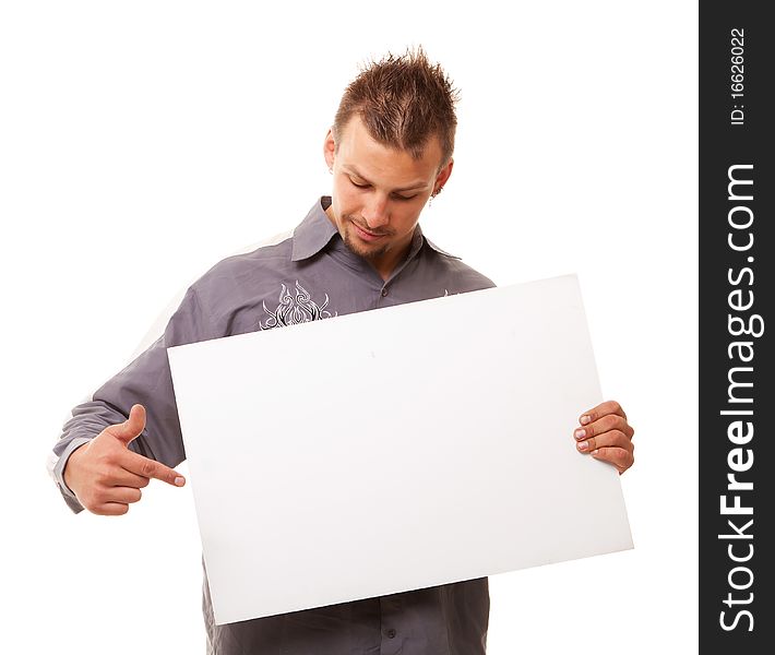 Smiling young handsome man with white clear board on white background. Smiling young handsome man with white clear board on white background