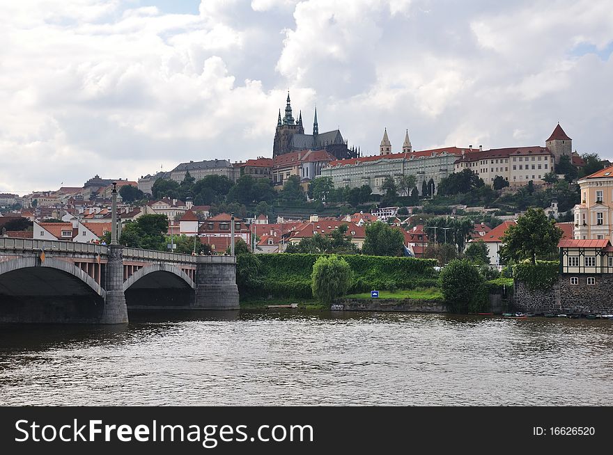 View on Prague castle from Vltava river embankment.