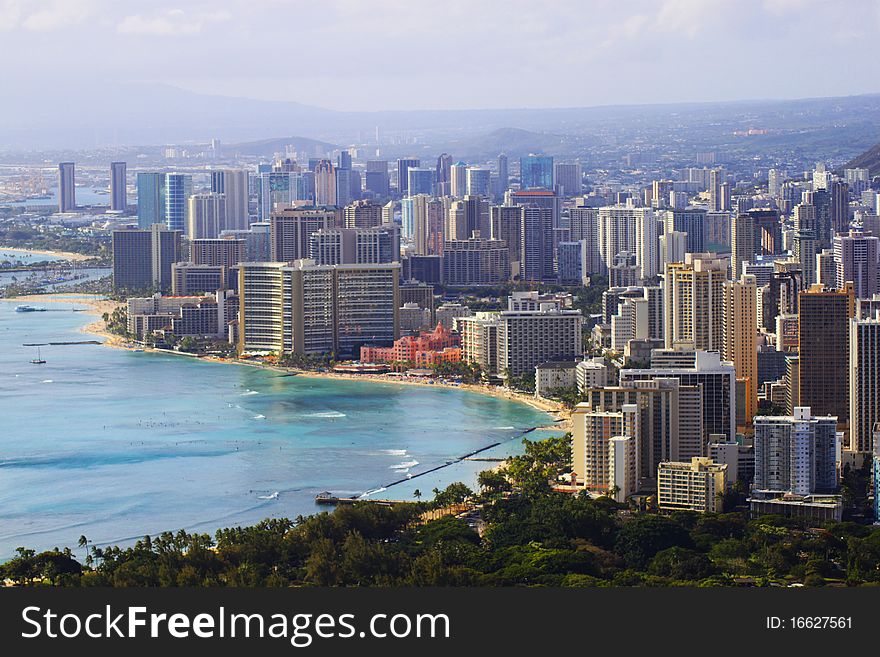 The famous tourist area of Waikiki shot from Diamondhead. The famous tourist area of Waikiki shot from Diamondhead