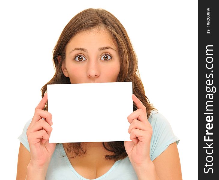 Beautiful young woman and blank card