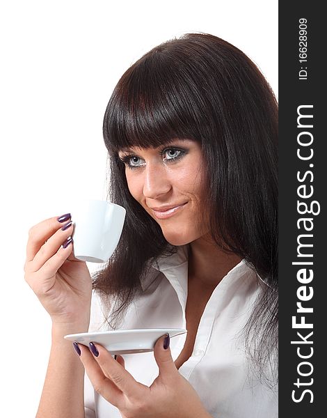 Young attractive blue eyes woman drink coffee. Young attractive blue eyes woman drink coffee