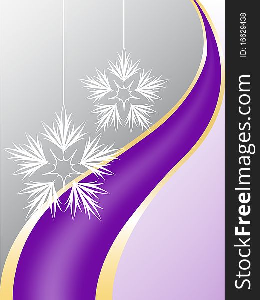 Asymmetrical gray and purple background with snowflakes and a purple ribbon. Asymmetrical gray and purple background with snowflakes and a purple ribbon