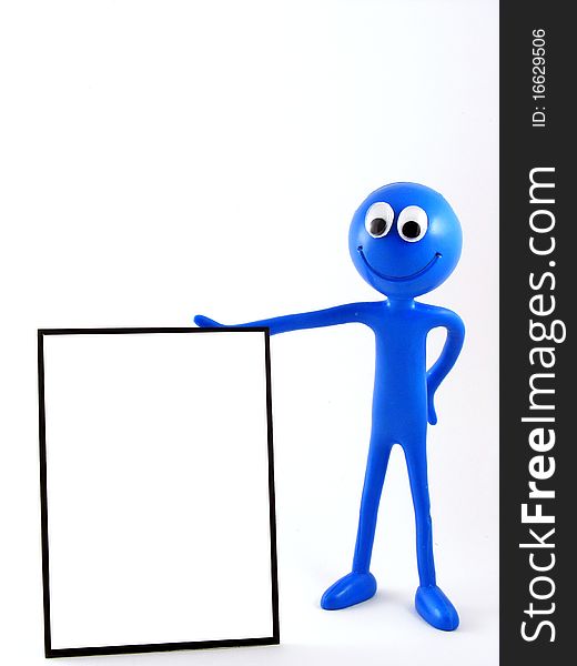 A blue smiley man holding a blank copy space advert board with extra copy space above the image. A blue smiley man holding a blank copy space advert board with extra copy space above the image