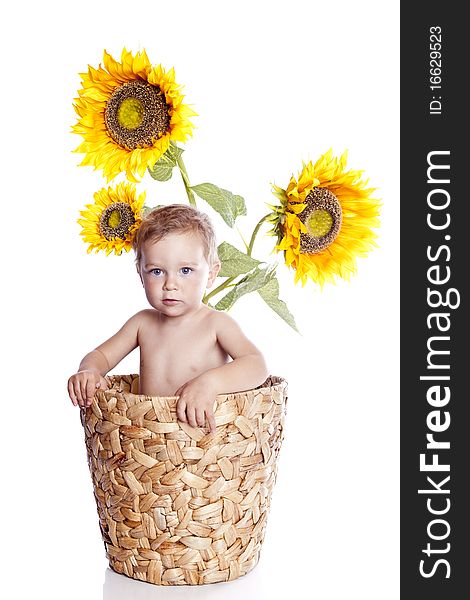 Baby Boy With Flowers On White