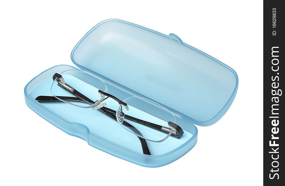 Open sweet blue glasses box with spectacles on white background.