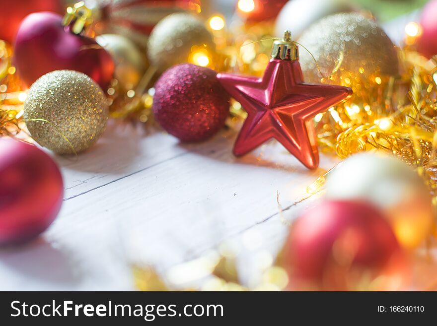 Beautiful Christmas Decoration On Old White, Wooden Background