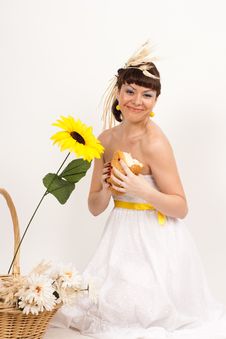 Girl With Bread, Sunflower And Ears Of Wheat Stock Photo Girl With Bread, Sunflower And Ears Of Wheat Stock Photo