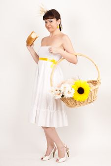 Girl With Bread, Sunflower And Ears Of Wheat Royalty Free Stock Photos Girl With Bread, Sunflower And Ears Of Wheat Royalty Free Stock Photos