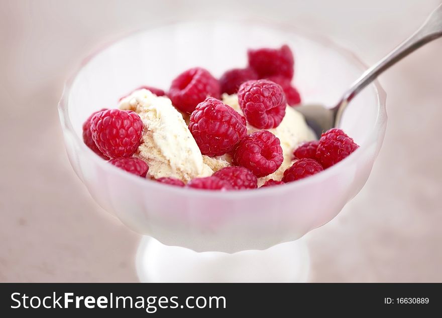 Closeup of raspberries with vanilla ice cream. Shallow depth of field. Closeup of raspberries with vanilla ice cream. Shallow depth of field.