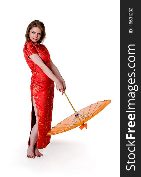 China-style woman in red dress with parasol