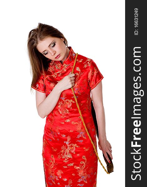 China-style woman in red dress with flute