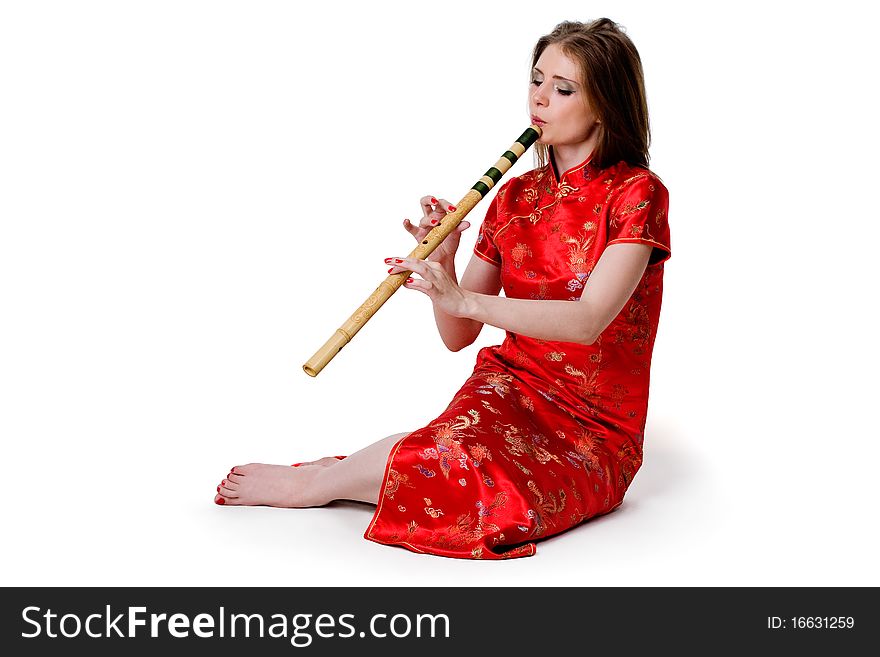 China-style woman in red dress with flute