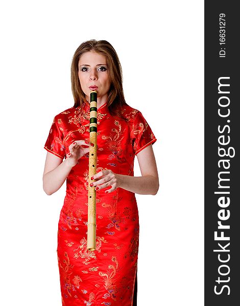 China-style woman in red dress with flute