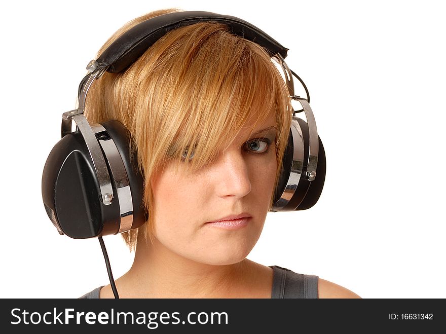 Portrait of happy girl with headphones against isolated white background