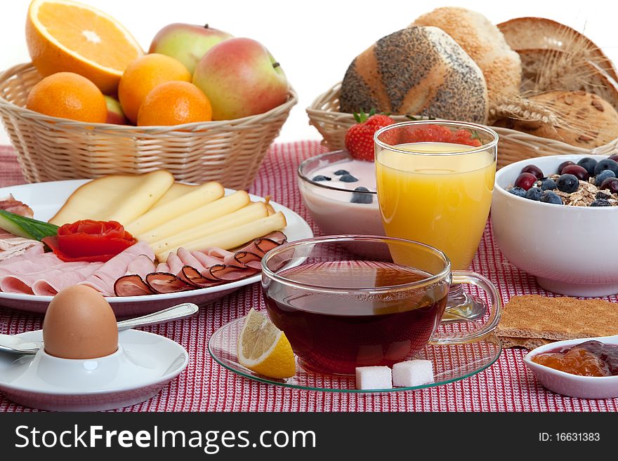 Breakfast, table with large sortiment of food for starts the day healthy