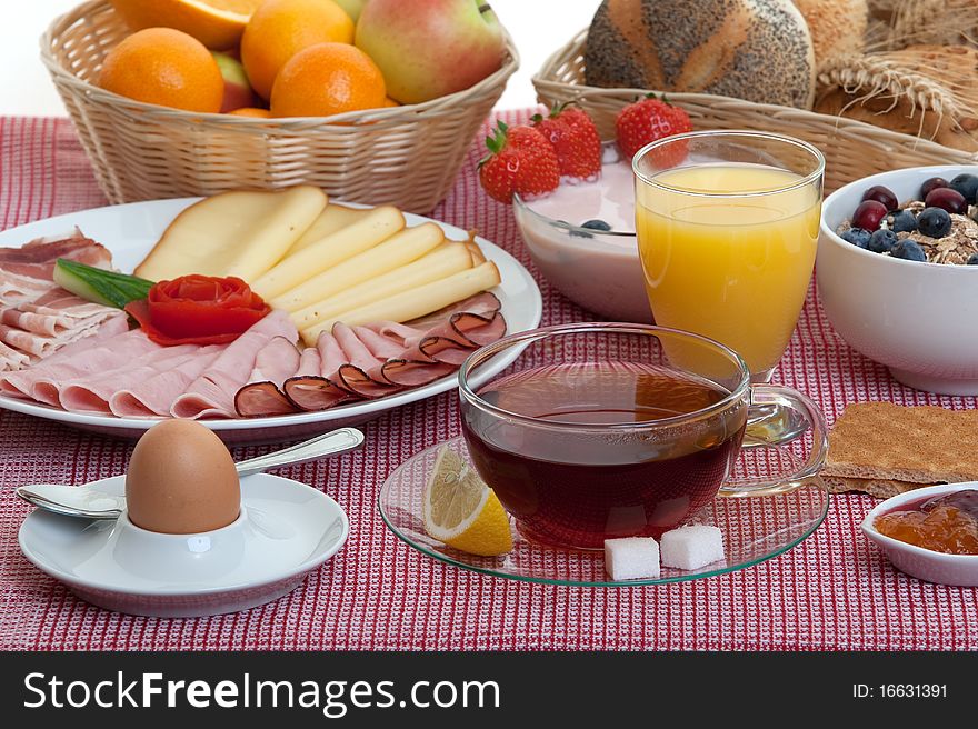 Breakfast, table with large sortiment of food for starts the day healthy