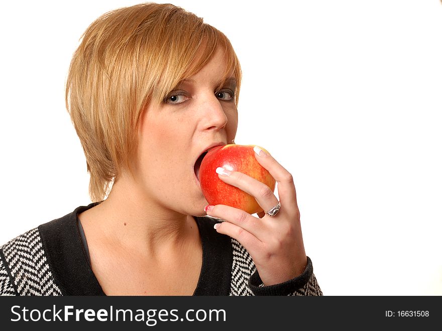 girl with apple isolated on white background. girl with apple isolated on white background