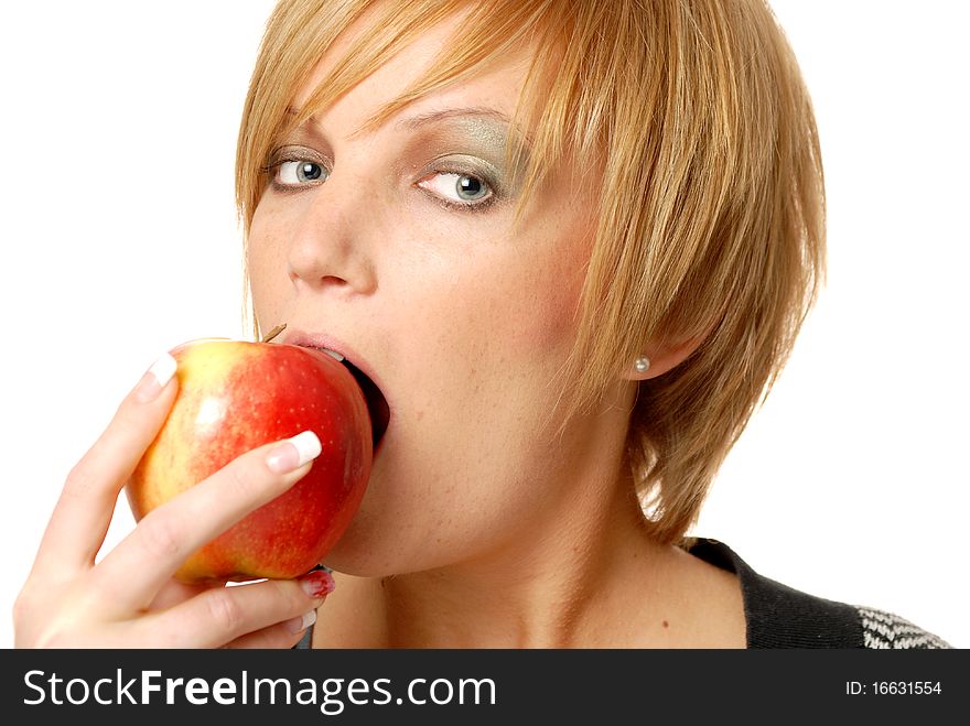 Beautiful woman with apple isolated on white background