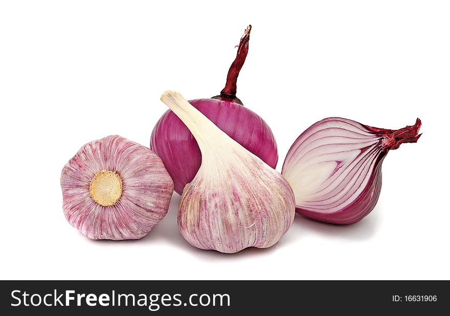 Onions and garlic isolated on white background. Onions and garlic isolated on white background